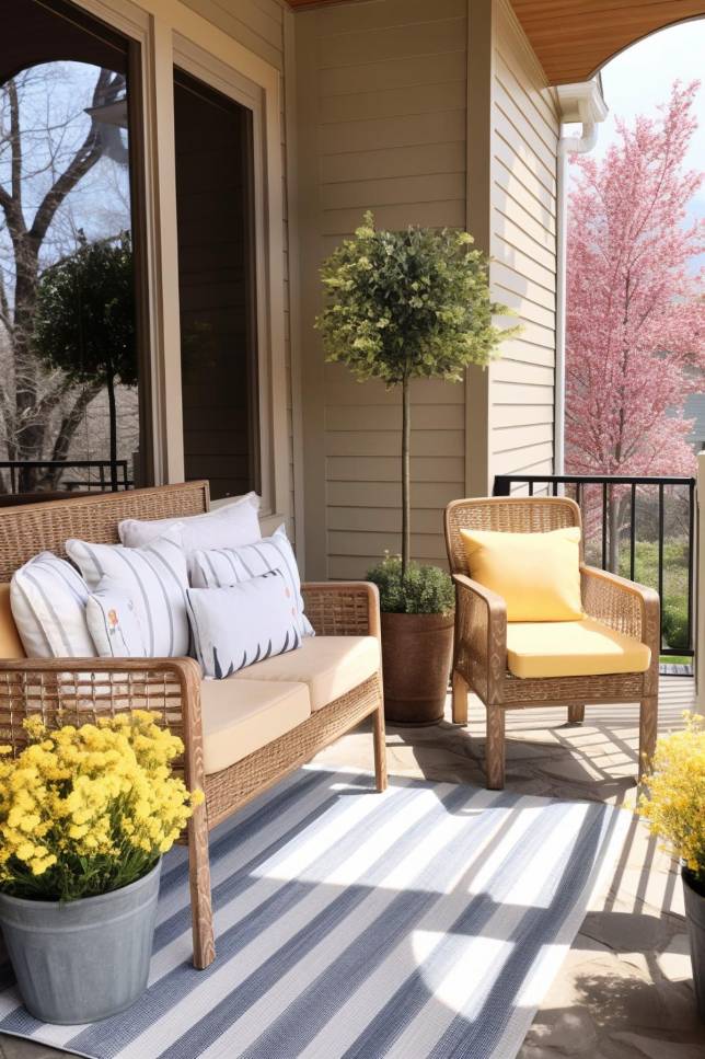 A cozy outdoor patio with a wicker sofa, an upholstered chair, a potted plant and yellow flowers on a striped rug. The terrace overlooks a garden with flowering trees.