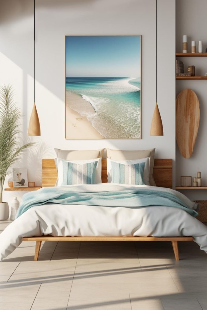 Evoke the spirit of the sea in your coastal bedroom by hanging a mesmerizing painting of a seashore on <a href=