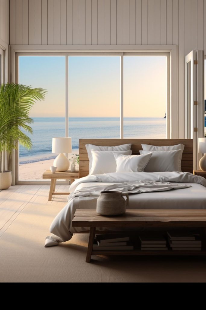 Create your own seaside escape by placing a light wood side table next to your bed, placing a white lamp on top, and placing it next to a lush palm tree for a touch of greenery. 