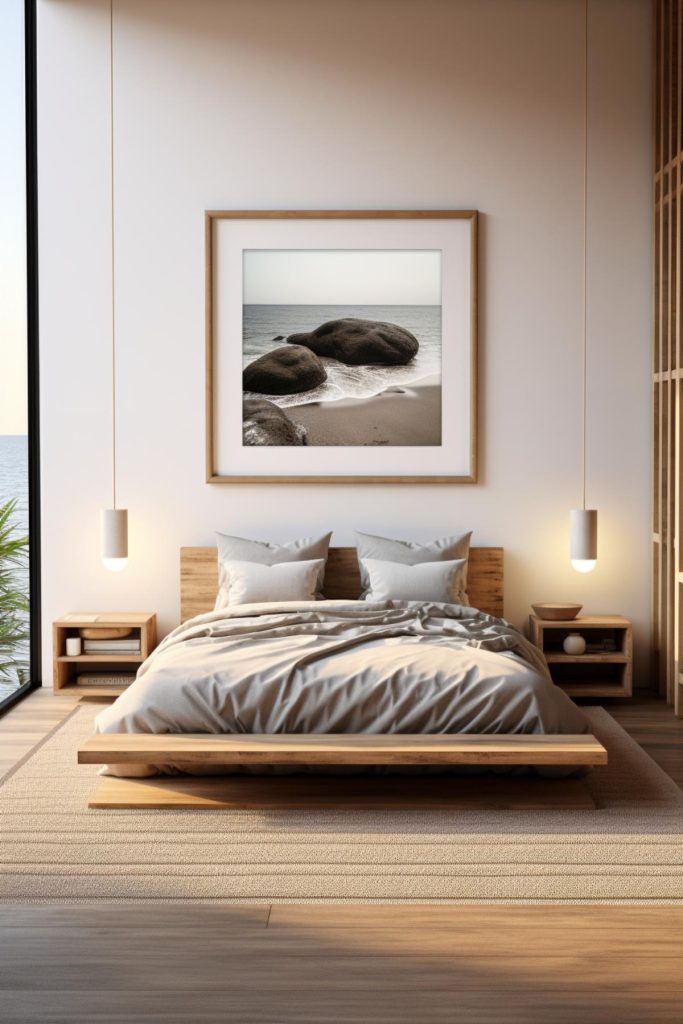 With a framed photo of boulders along the coast above your bed, you can create a fascinating focal point in your coastal bedroom.