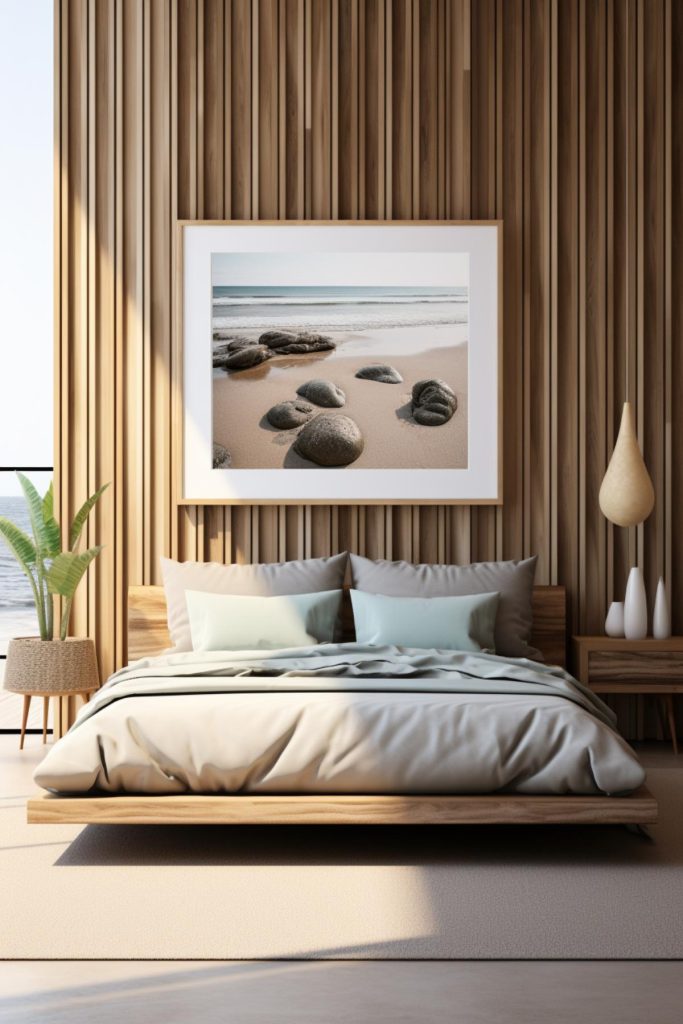 A captivating photo of pebbles scattered across a sandy beach hangs on the accent wall of this coastal bedroom, where wooden slats add depth and texture. 