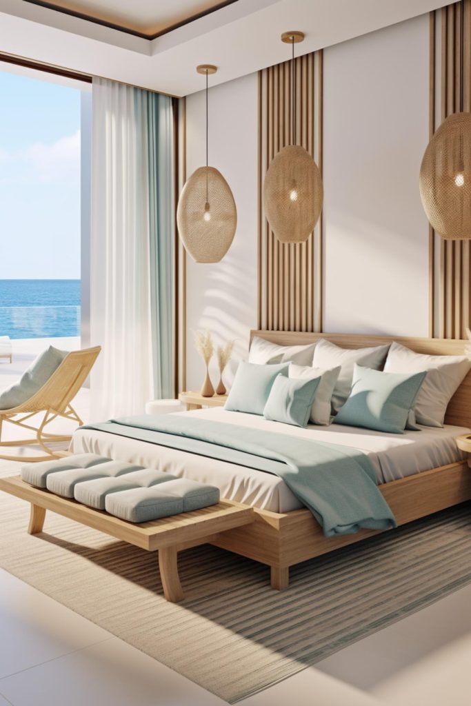 A light wood bench features a light blue cushion that echoes the color of the bed's pillows and blanket, and a lounge chair next to the bed invites relaxation and provides a cozy corner for seaside daydreams.