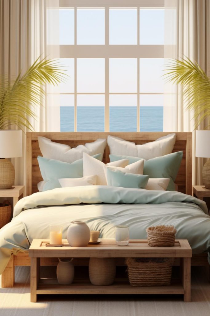 Light up your coastal bedroom with lamps in crisp white hues on rattan bases and <a href=