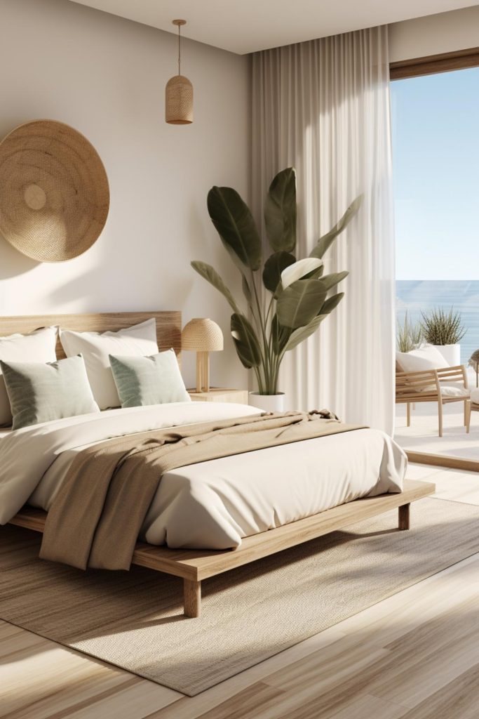 In this coastal bedroom, rattan takes center stage with a range of decor pieces including wall art and a pendant light. An artificial banana tree on the bed with a rattan structure contributes to this