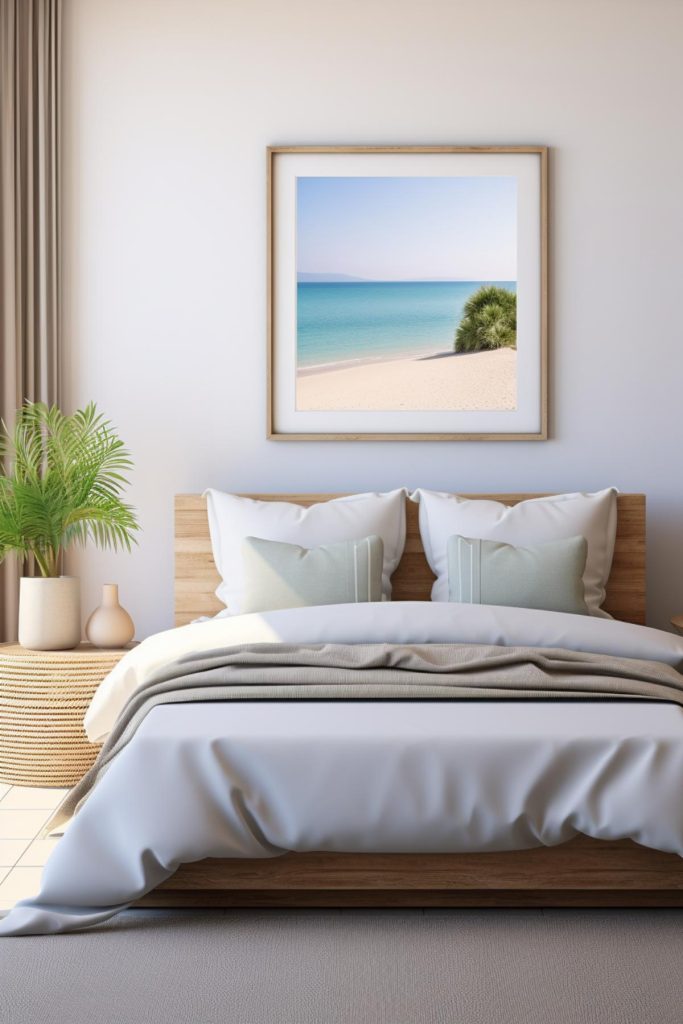 Light gray walls provide a muted backdrop in this coastal bedroom, where a rattan nightstand features a lush palm plant and a tasteful decorative vase. 