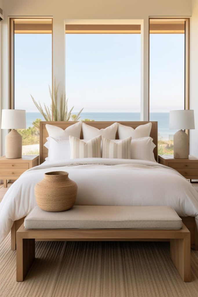 Polished wood nightstands with beige lamps add a sophisticated touch to this coastal bedroom. 