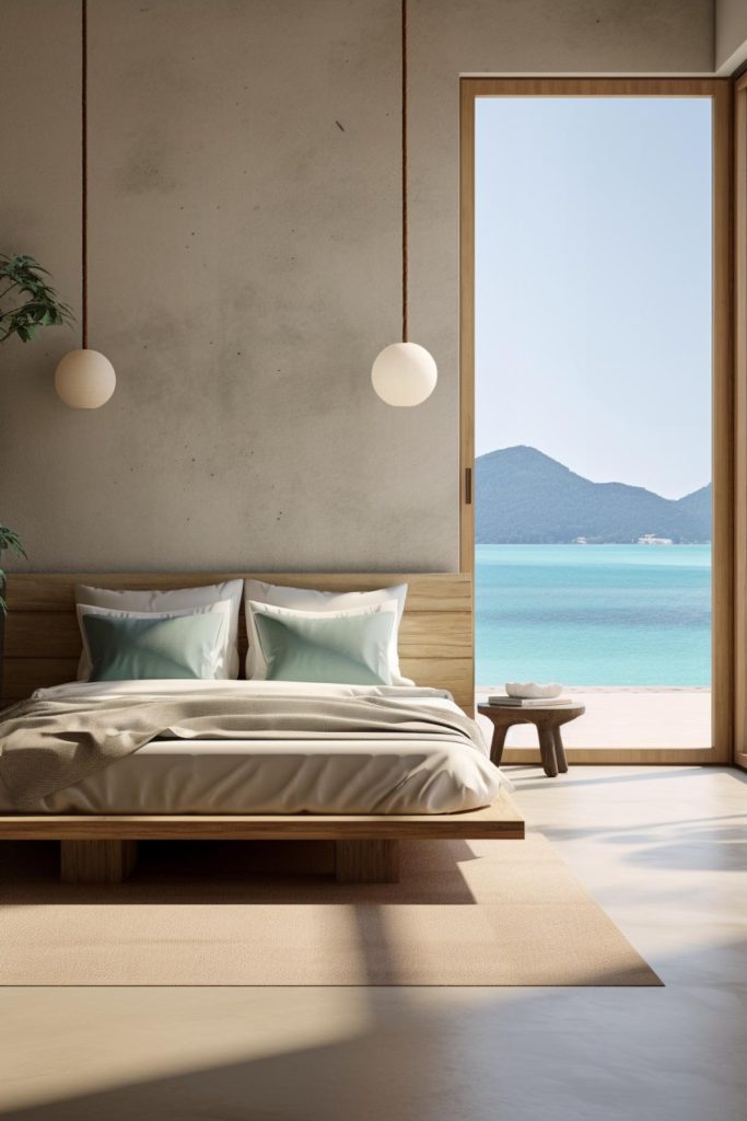 Round white pendant lights add a soft glow to this coastal bedroom and complement the simplicity of the beige rug below. 