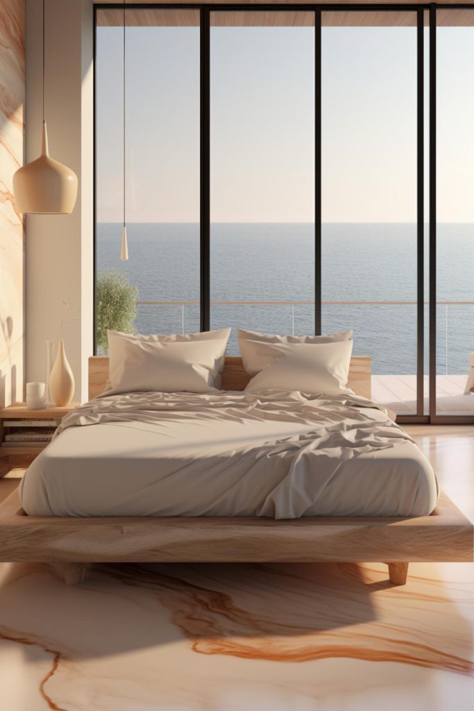 Marble patterns adorn the walls and floor of this coastal bedroom, setting a luxurious tone amid the soft lighting of dome pendant lights. 