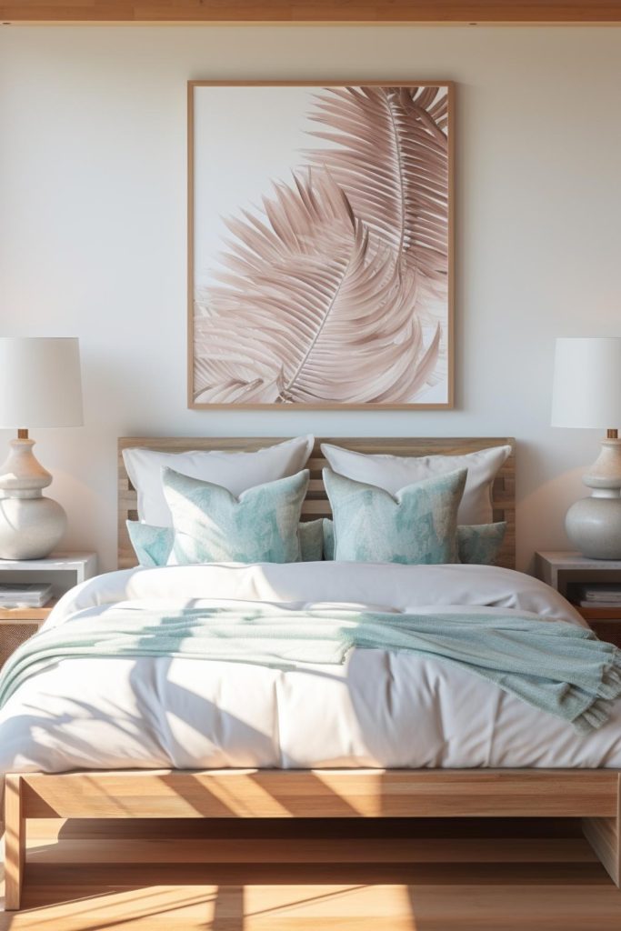 Elegant marble nightstands with chic double gourd ceramic lamps add a touch of luxury to this coastal bedroom.