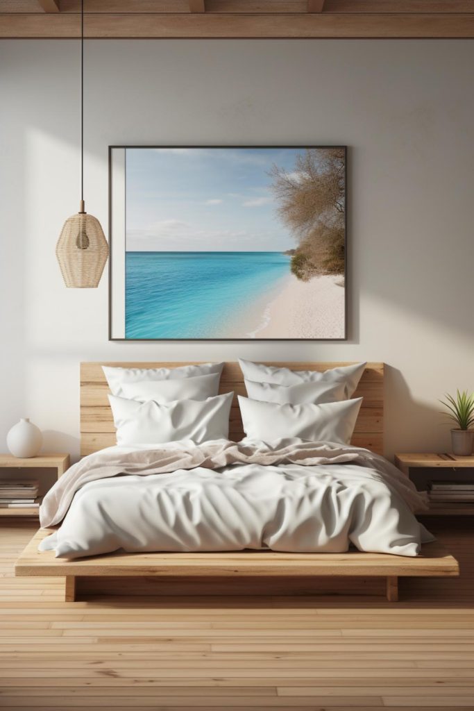 Enjoy the simplicity of coastal living with a rattan pendant light that softens the ambience of your bedroom, along with a wall photo of a white sand beach with a lone tree.