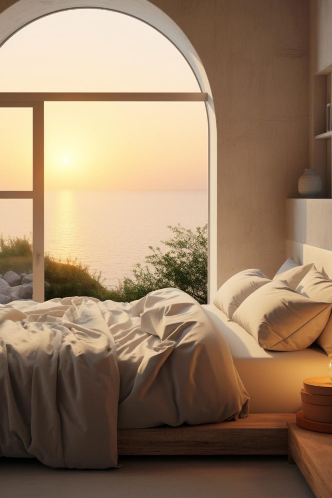 Featuring a comfortable bed set against an arched glass window with beautiful views of the beach, this bedroom is an example of minimalism where decoration is kept to a minimum. 