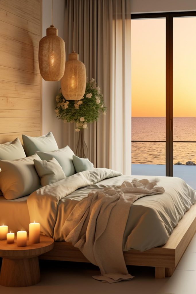 Add rustic charm to your coastal bedroom by placing a round wooden table with flickering candles next to your bed. 