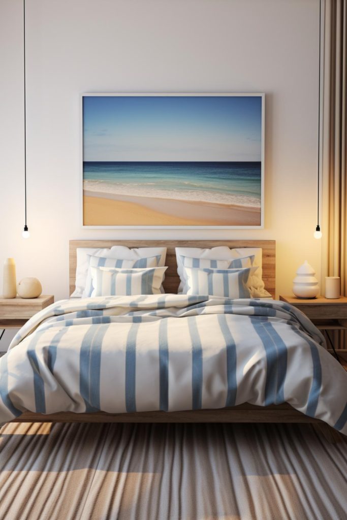 Blue and white striped bedding creates a classic coastal feel, contrasted by decorative ceramic pieces on the wooden nightstands and hanging light bulbs that add an industrial touch. 