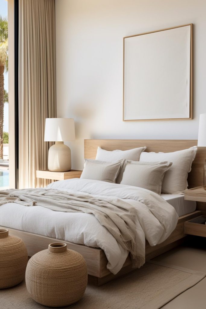 The white canvas above the wooden bed gives the bedroom an elegant, artistic touch. And its airy vibe is further enhanced by a light wood bedside table with a light beige lamp. 