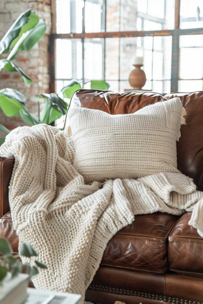 A cozy, textured cream blanket and matching pillow rest on a brown leather armchair against a backdrop of large windows and green plants.