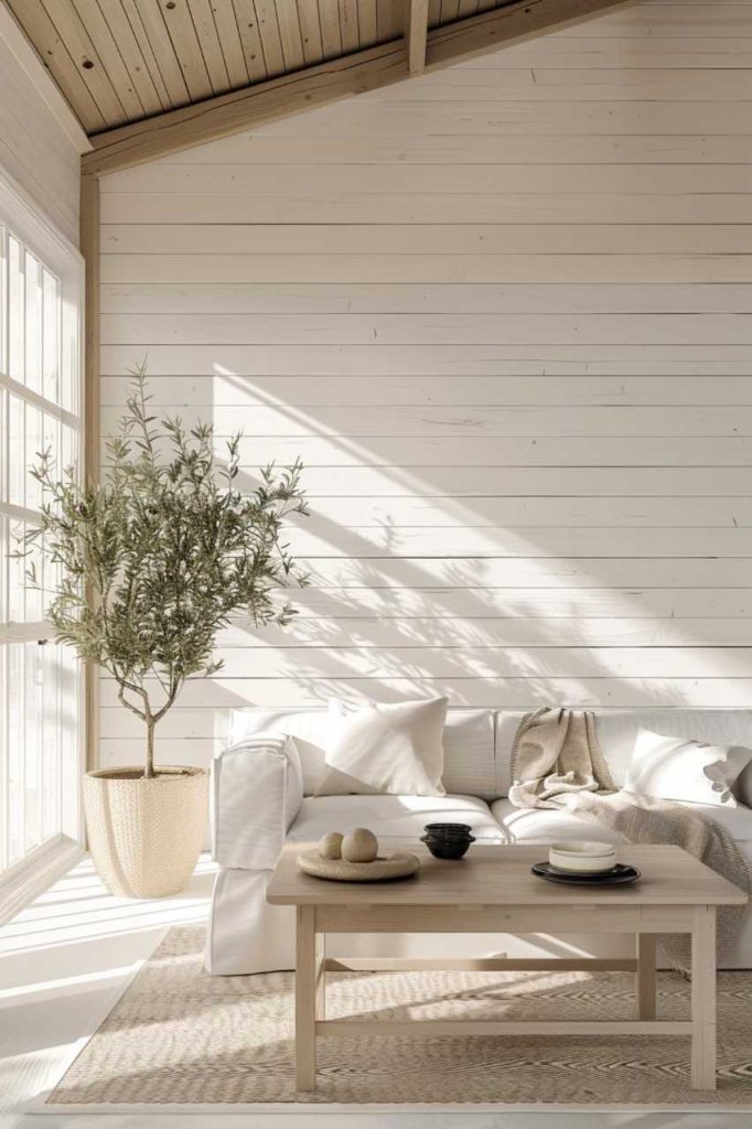 A cozy, sunlit living room with a white couch, wooden coffee table, large potted plant and bright decor against a backdrop of white overlapping walls.