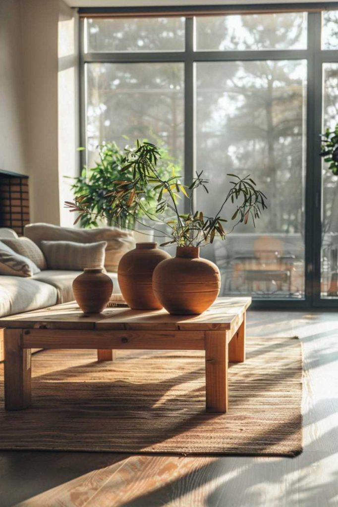 A wooden coffee table with three ceramic vases filled with green plants sits next to a large window in a sunlit living room. A sofa and leafy plants can be seen in the background.