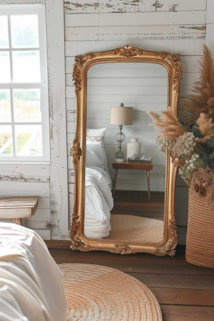 A large, ornate gold-framed mirror leans against a white wall in a rustic bedroom, reflecting a bedside table with a lamp and a flower vase.