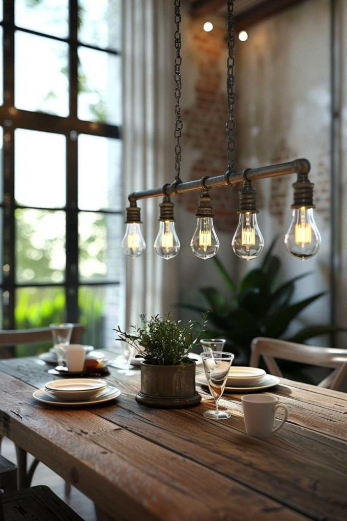 A rustic dining table for four people with plates, cups and glasses. A planter with green plants is in the middle of the table. An industrial-style light fixture with five exposed light bulbs hangs from the ceiling.