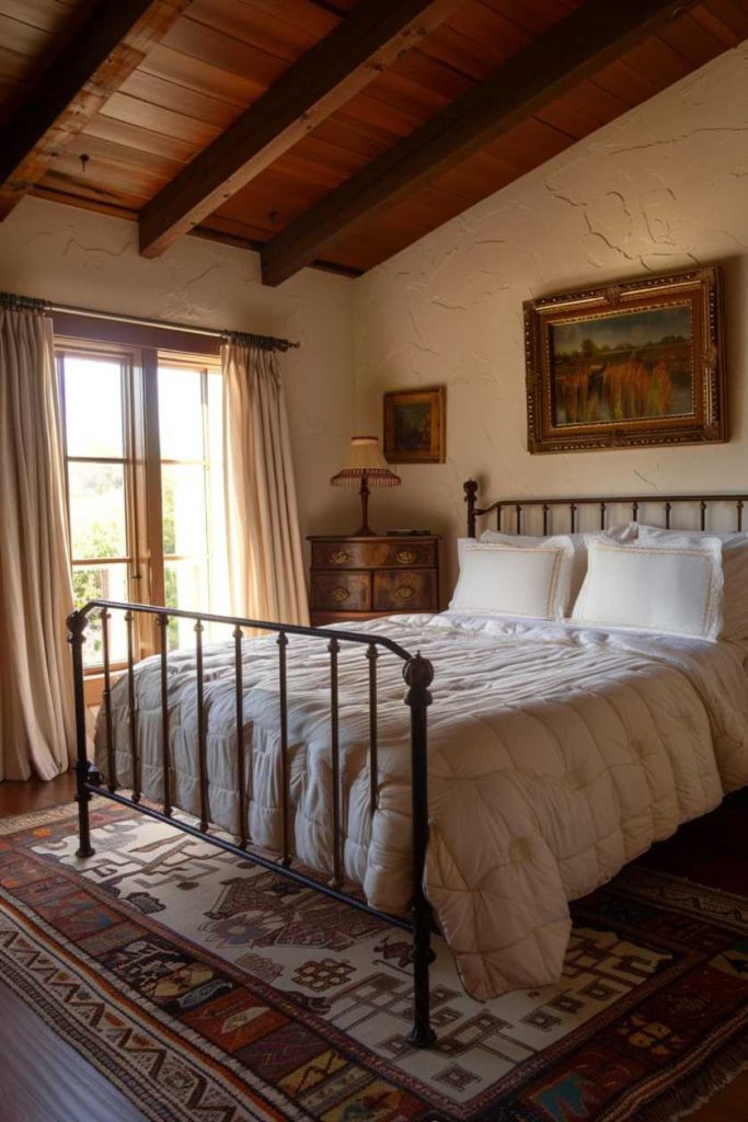 A cozy bedroom with a metal-framed bed, white linens, patterned carpet and a wooden ceiling with exposed beams. Next to a window with curtains there is a chest of drawers with a lamp and a painting hanging above it.