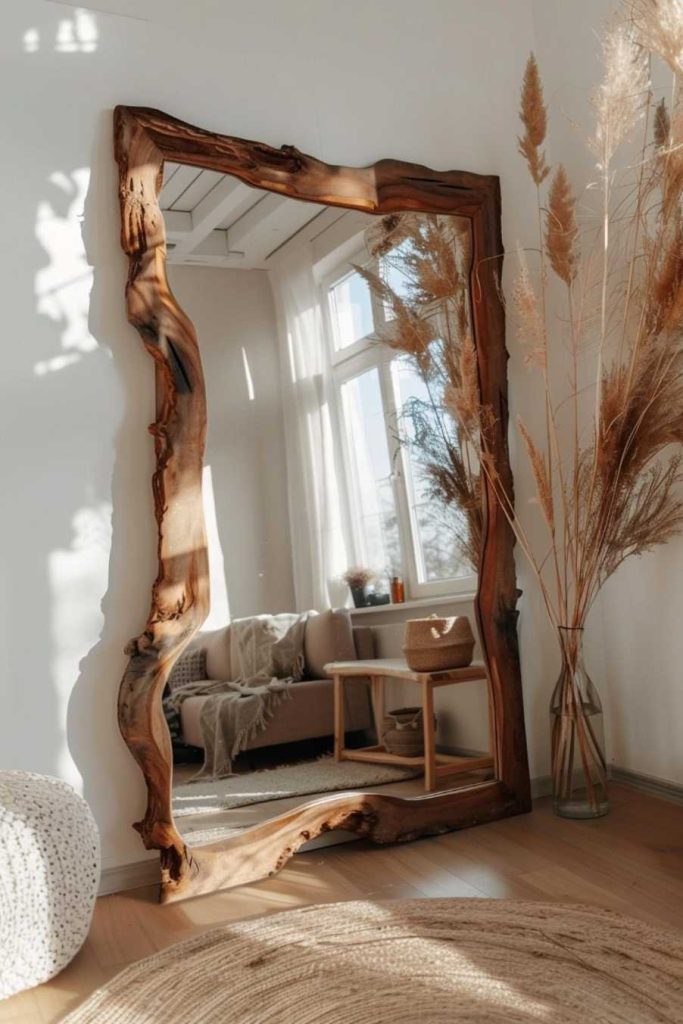 A large wooden-framed mirror reflects a cozy, sun-filled living area. Next to the mirror there is a wicker vase with dried pampas grass on a light wall.