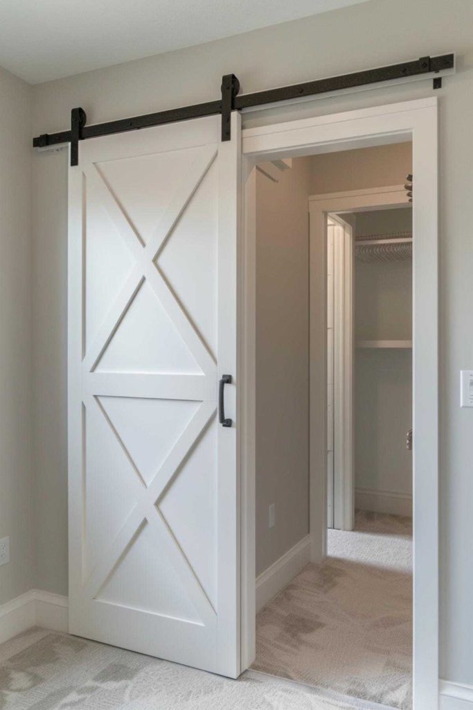 A white barn-style sliding door with black hardware, partially open, leads to a walk-in closet with a shelf and hanging rail visible behind it.