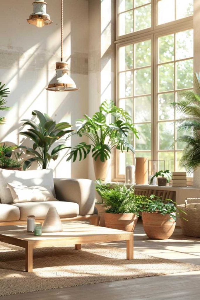 A cozy living room with large windows letting in natural light, with a white sofa, a wooden coffee table and numerous green potted plants.