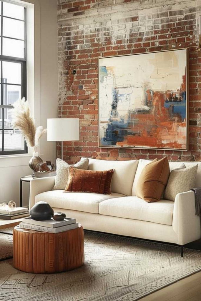 A modern living room with a white sofa, several pillows, a wooden coffee table, a large abstract painting on a brick wall and a tall window letting in natural light.