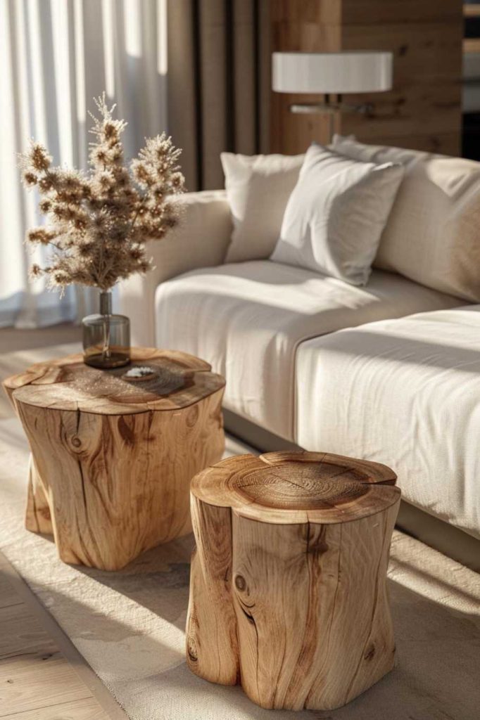 A cozy living room features a white sofa with pillows, complemented by two wooden stump tables and a decorative bouquet of flowers on one of the tables. Sunlight streams through the window.