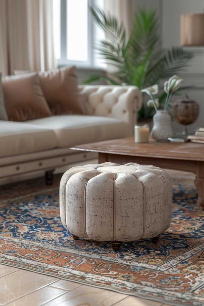 A beige tufted ottoman on a decorative rug in a living room with a sofa, wooden coffee table and plants in the background.