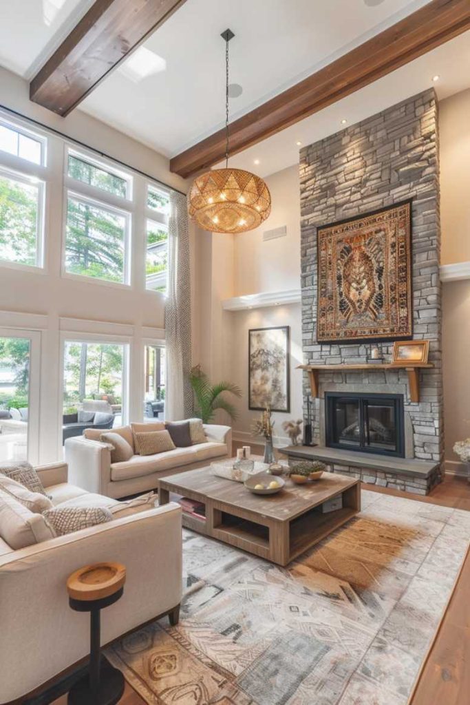 Spacious living room with high ceilings, exposed beams, a stone fireplace, large windows and modern, neutral furniture. A decorative rug and wall art add character to the room.