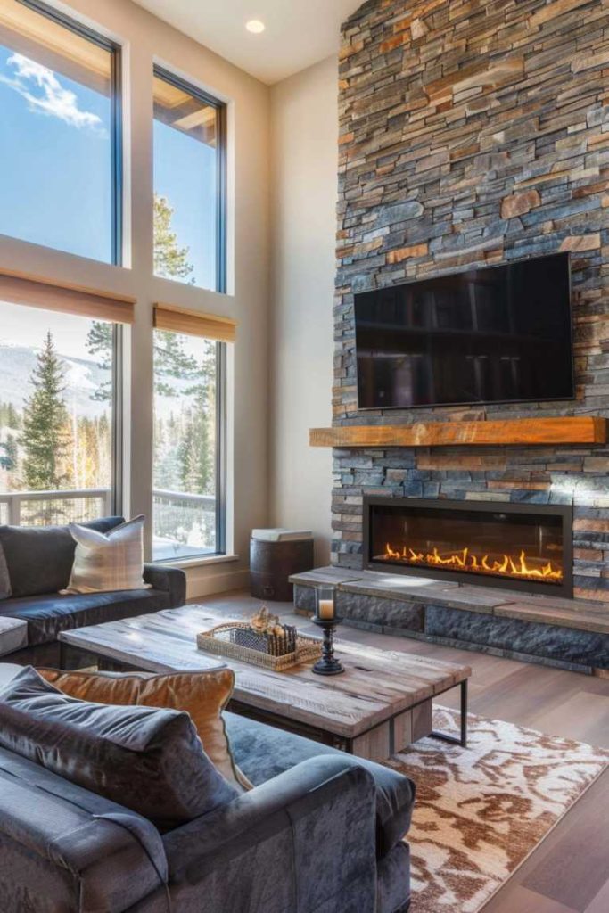 A modern living room with a stone fireplace, mounted television, large windows and a cozy sitting area with a wooden coffee table and a view of the snowy landscape outside.