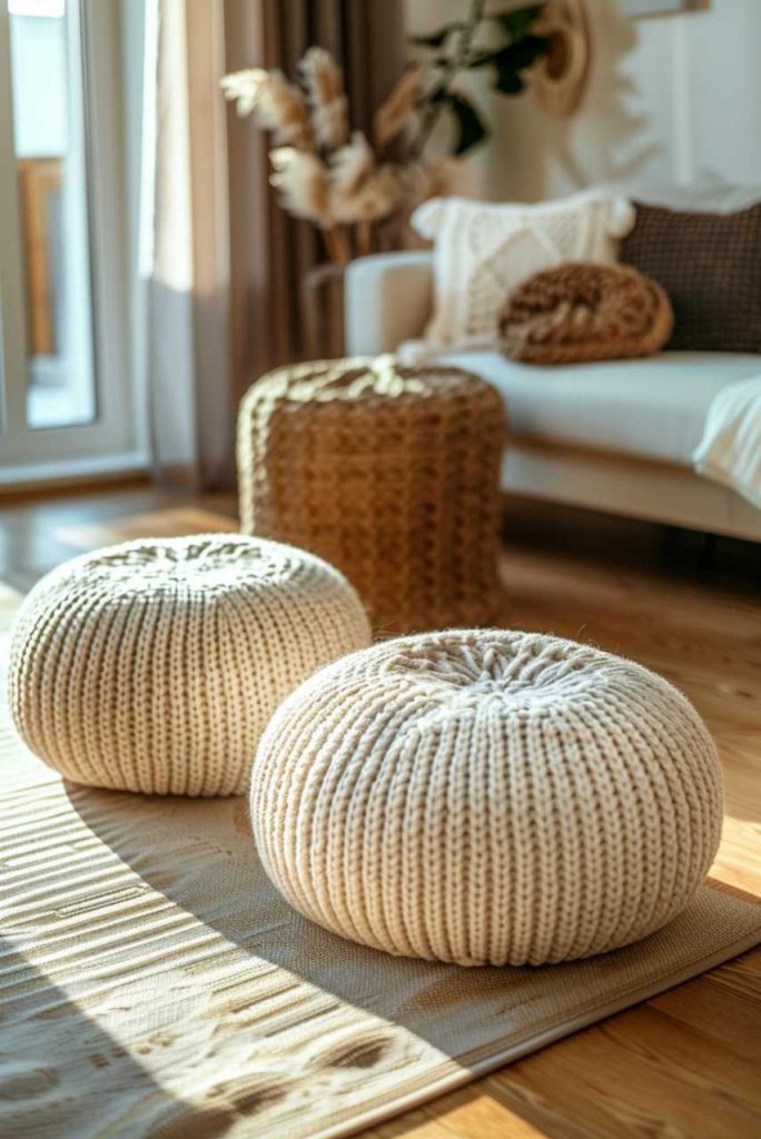 A cozy living room with knitted poufs and a woven ottoman on a wooden floor, with a sofa and natural light coming through a window.