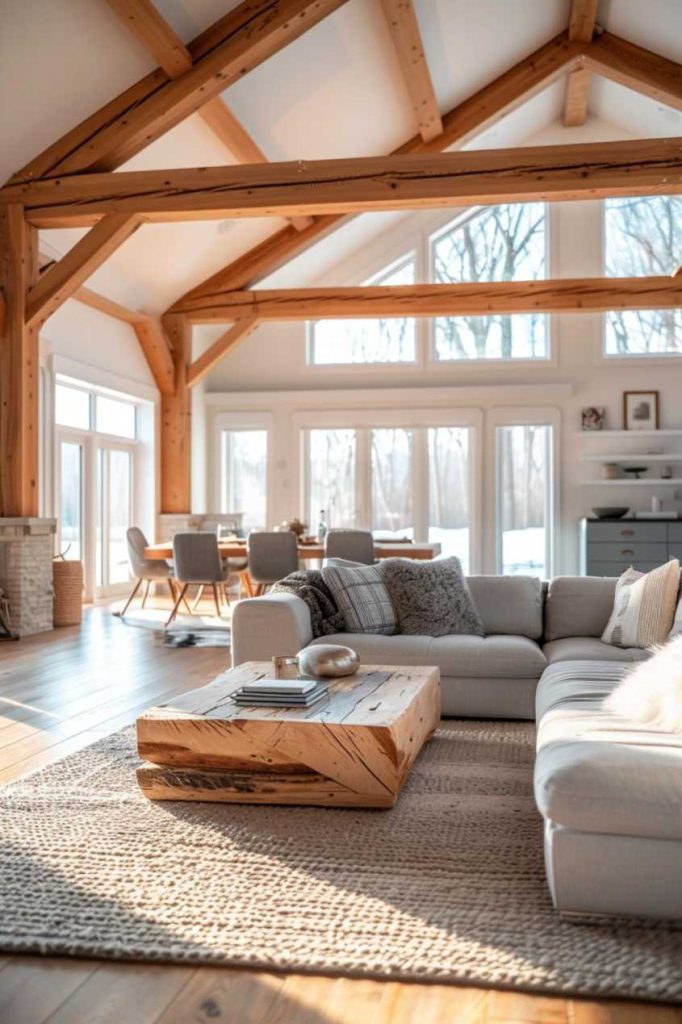 A spacious living room with exposed wooden beams, large windows, a gray sofa, a wooden coffee table and a dining area in the background overlooking the trees outside.