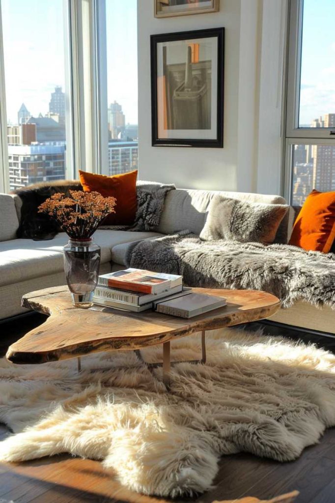 A modern living room with a beige sofa set, orange pillows, a wooden coffee table with books and a vase, and large windows overlooking the city landscape.