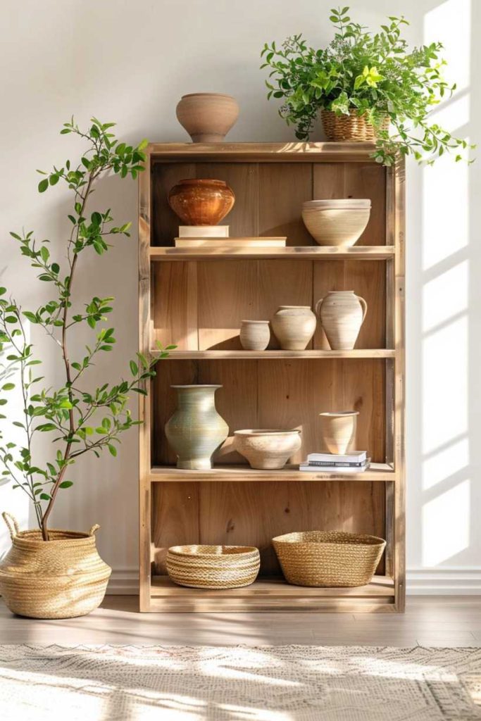 Pottery and ceramic vases are displayed on a wooden bookshelf, while a potted tree and a woven basket are on the floor. Another basket and a plant sit on top of the shelf. Sunlight streams through a window.