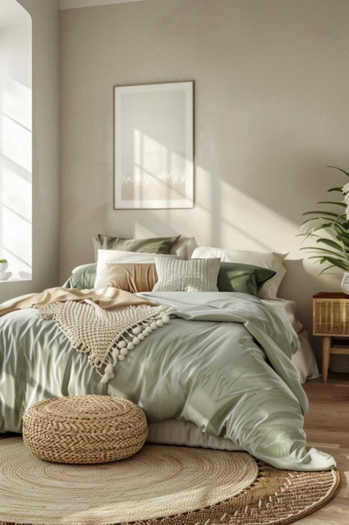 A cozy bedroom with a neatly made bed in pastel colors, a rattan stool and rug, a bedside table with a plant and a framed picture on the light wall.