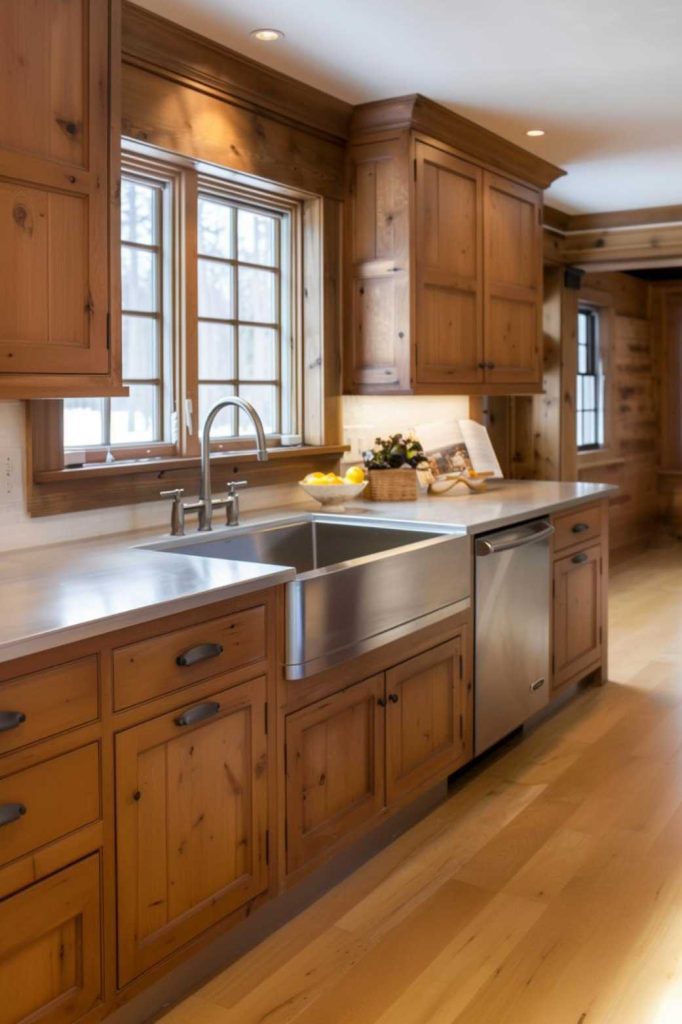 Spacious kitchen with natural wood cabinets, stainless steel sink and dishwasher, and light hardwood floors. The countertops are uncluttered, with a fruit bowl and a few plants near a window above the sink.