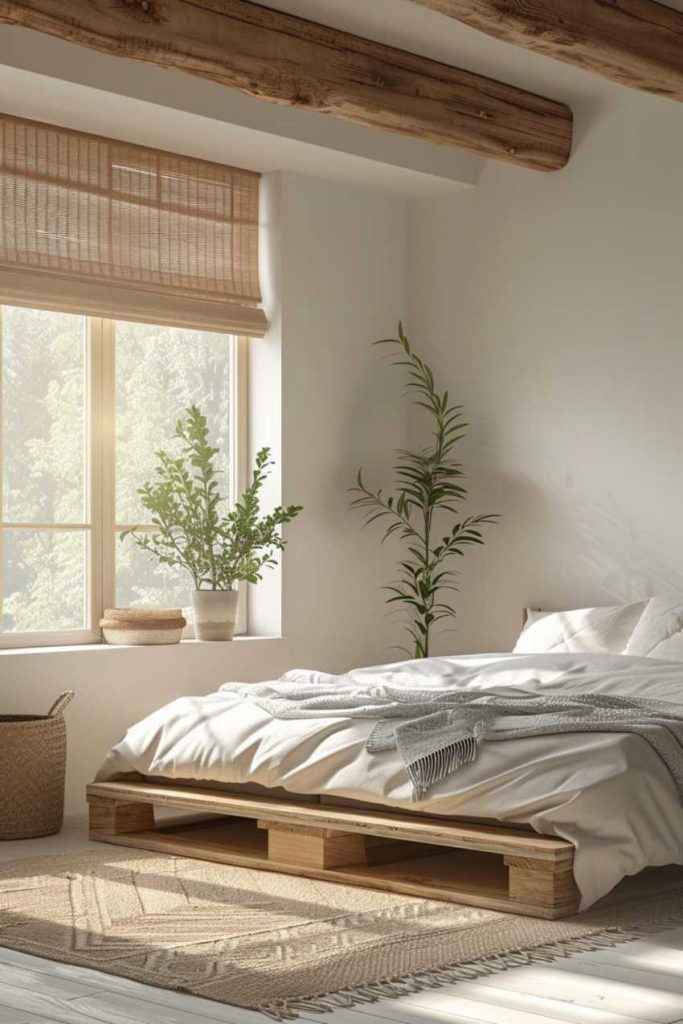 A minimalist bedroom with a low wooden platform bed, white bedding, a woven rug, a wicker basket and potted plants near a large window with bamboo blinds.