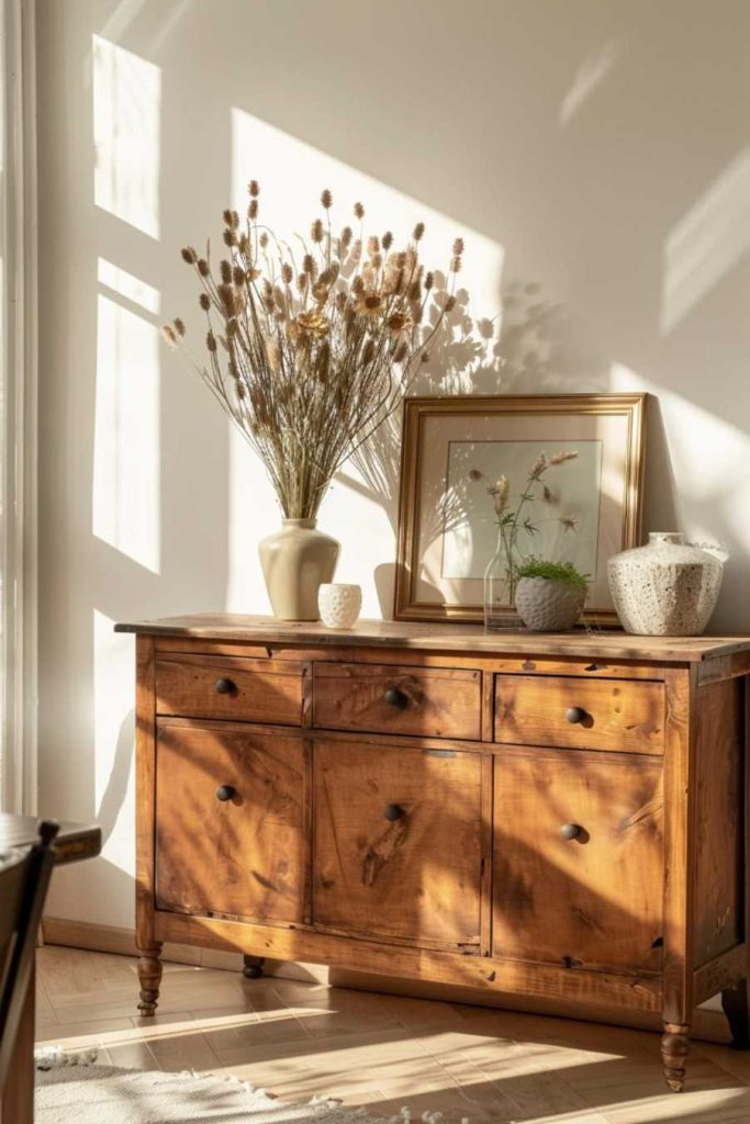 A wooden sideboard with drawers and brass knobs decorated with vases of dried flowers and framed artwork. Sunlight casts shadows across the scene.