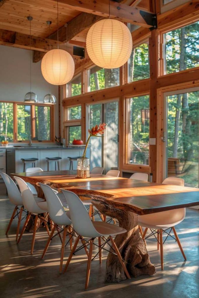 A modern dining room with a wooden table, white chairs, large windows and hanging paper lanterns. There is a vase with a single flower on the table. Sunlight filters through the trees outside.