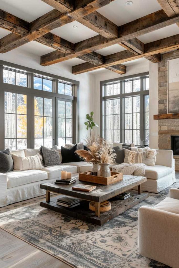 A cozy living room with large windows, white sofas, wooden beams on the ceiling and a rustic coffee table decorated with a centerpiece made of dried leaves.