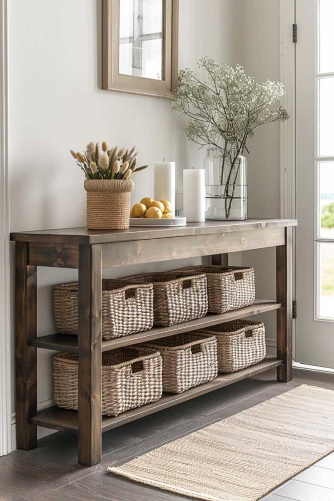 A wooden console table with two lower shelves with woven baskets, a surface with decorative items such as candles, a fruit basket and a vase of flowers, positioned in a bright entryway.