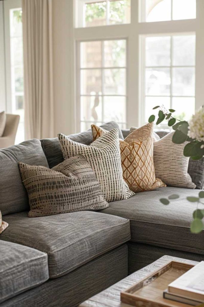 A gray sofa set with patterned cushions in a bright living room with large windows in the background. There is a tray of objects and a plant on the sofa.