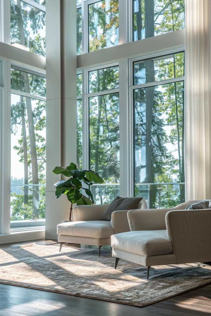 A modern living room with large floor-to-ceiling windows, two beige armchairs, a potted plant and a rug. Trees and sunlight are visible through the windows.