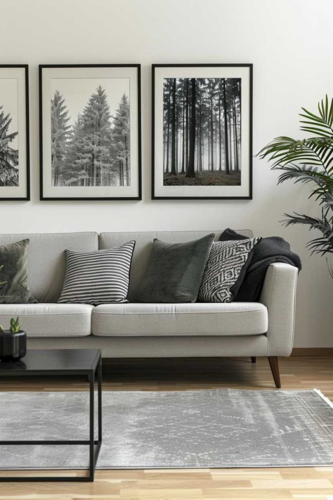 A living room with a beige sofa decorated with various pillows, a black coffee table, framed photos of trees on the wall, a potted plant on the side and a gray carpet on a wooden floor.