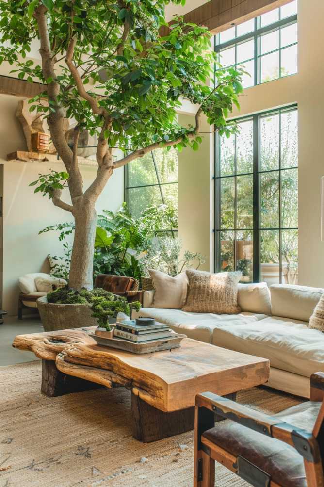 A modern living room with large windows, a white upholstered sofa, a wooden coffee table, houseplants and a tree growing inside.