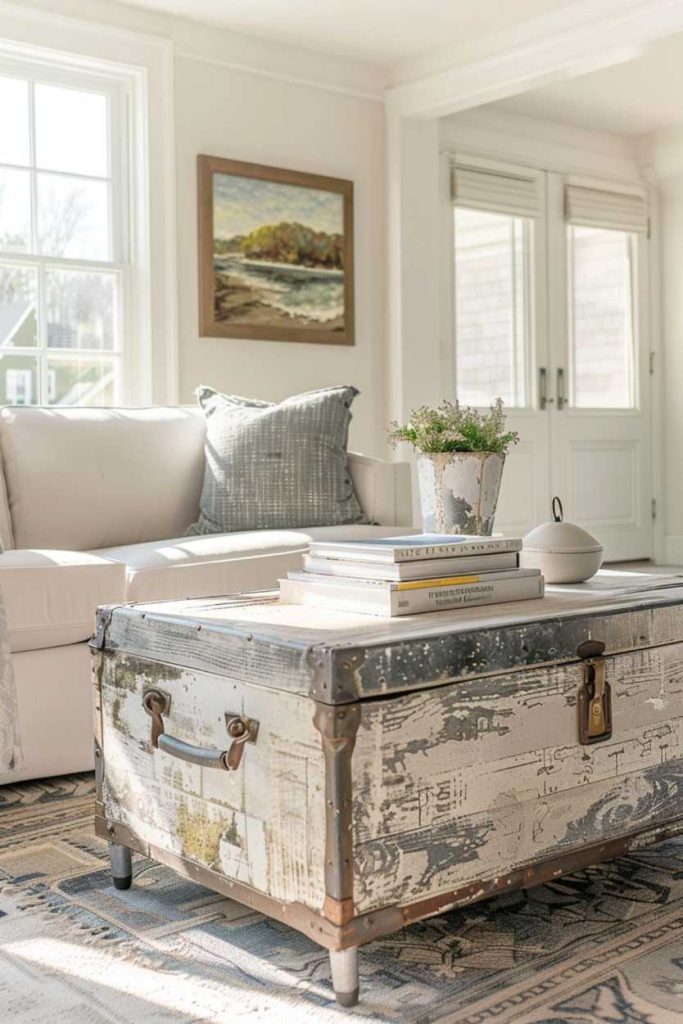 A bright living room with a white couch, a metal suitcase that serves as a coffee table, books, a plant on it, a painting on the wall and a glass door with white blinds.