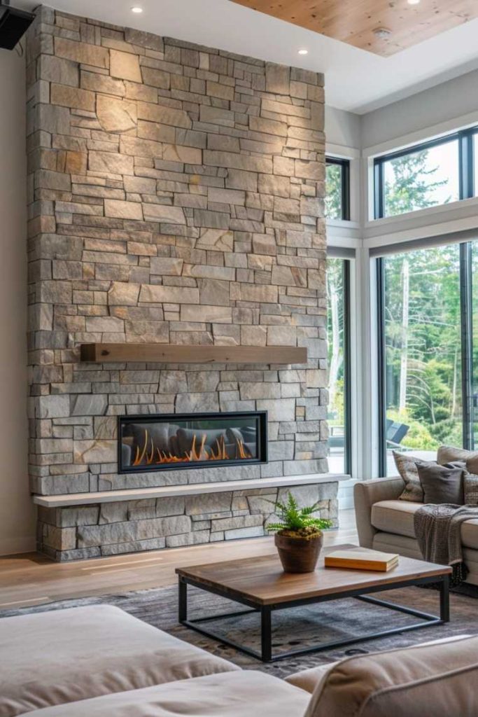 Cozy living room with large stone fireplace, modern furniture and a coffee table with a plant and book; Large windows provide a view of the greenery.