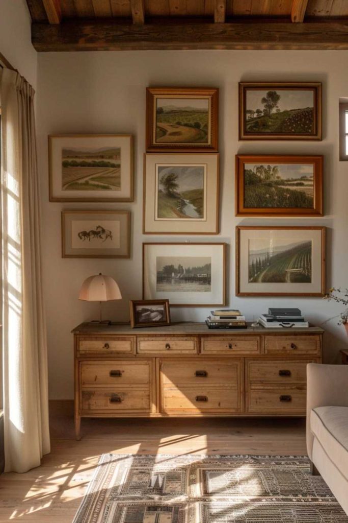 A cozy room with a beamed ceiling, a sideboard with books and a lamp, and a wall with framed landscape paintings. Sunlight shines through a window and casts light onto a patterned carpet.